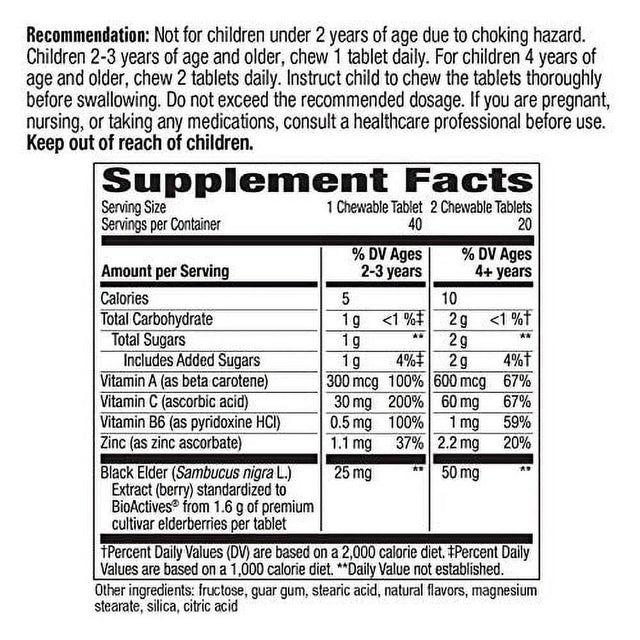 Nature’S Way Sambucus Elderberry Kids Chewable with Vitamin A, Vitamin C, Zinc, Immune Support*, Berry Flavored, 40 Tablets