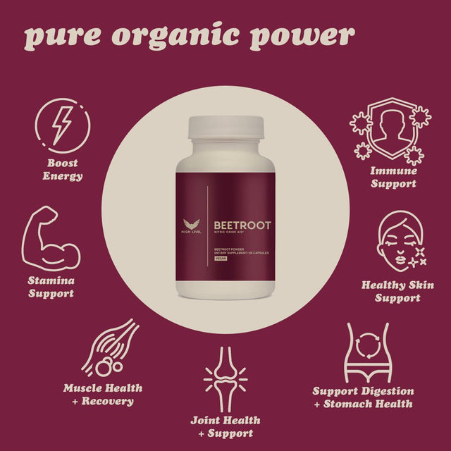 High Level Organic Beetroot | 1300Mg | 60 Veggie Capsules | Nitric Oxide Booster for Cardiovascular Health, Wellness + Vitality | Vegan Supplement for Energy + Endurance