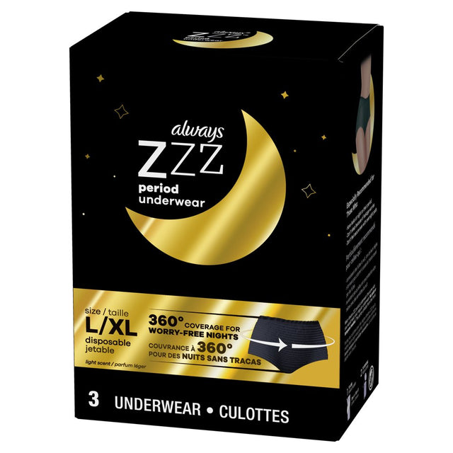 Always ZZZ Overnight Disposable Period Underwear for Women Size LG, 3 Ct
