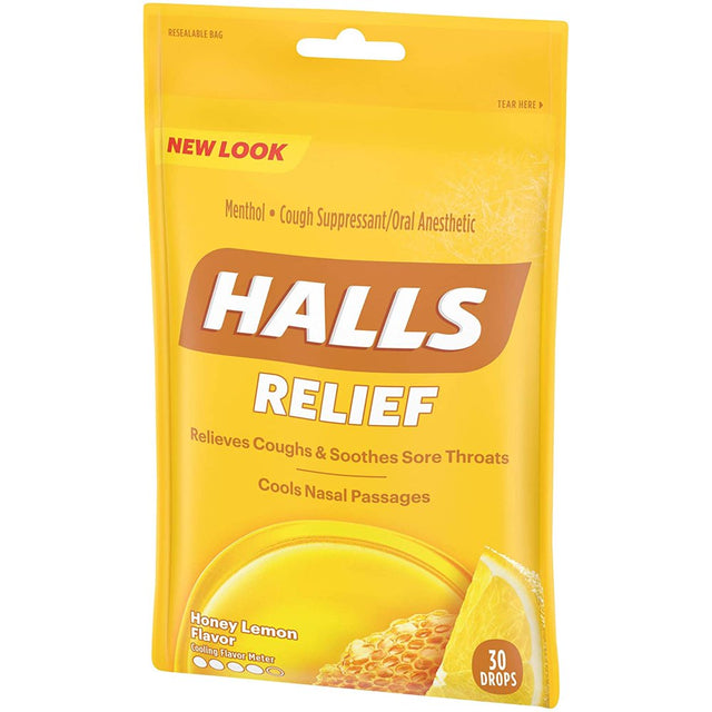 Halls Triple Soothing Action Cough Drops, Honey Lemon 30 Each (Pack of 2)