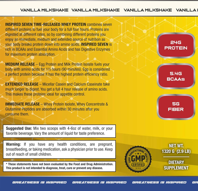 Inspired Seven Vanilla Time-Released Protein Blend, 2.9Lb, 24G Protein