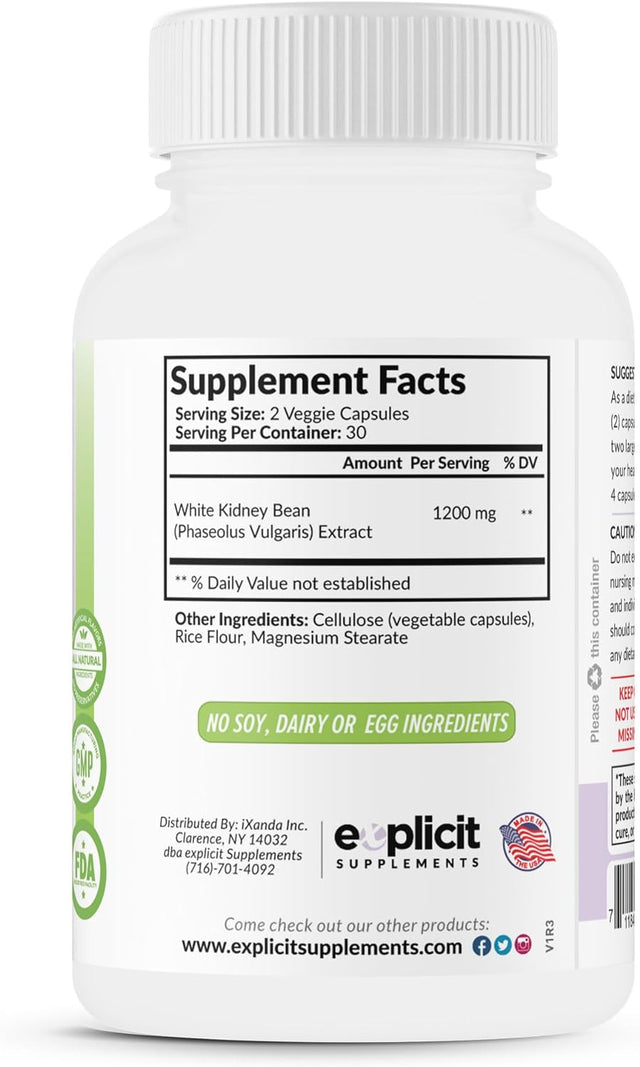 All Natural White Kidney Bean Extract, 1200Mg – Powerful Carb Blocker – Weight Loss Pills – Made in USA - 1 Month