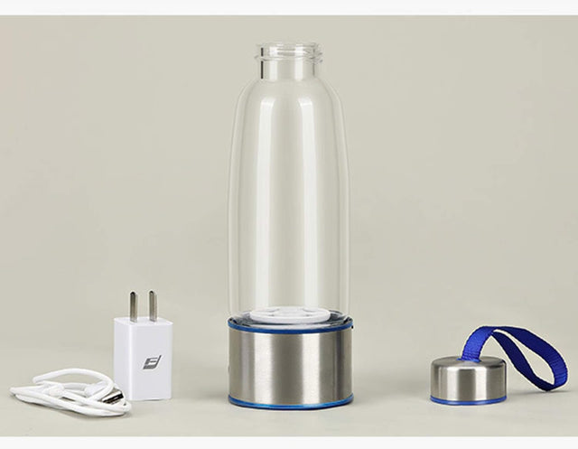 Portable 3 Minute Hydrogen-Rich Water Bottle Rechargeable High Concentration Hydrogen Generator Glass Bottle Anti-Aging Anti-Oxidation Alkaline Water Generator, 430Ml
