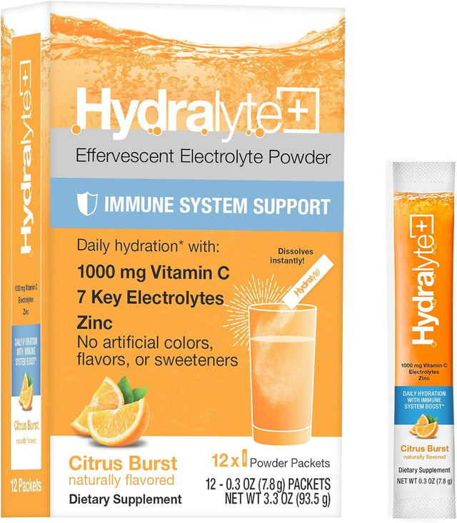 Hydralyte Electrolytes plus Immunity, Citrus Low Sugar Rapid Rehydration Powder - Lightly Sparkling Electrolyte Powder Packets with 1,000Mg Vitamin C and Zinc for an Immune Boost (8Oz Serve, 12 Count)