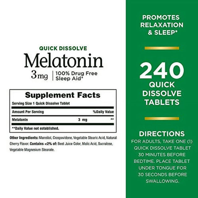 Nature’S Bounty Melatonin 3Mg, 100% Drug Free Sleep Aids for Adults, Supports Relaxation and Sleep, Dietary Supplement, 240 Count