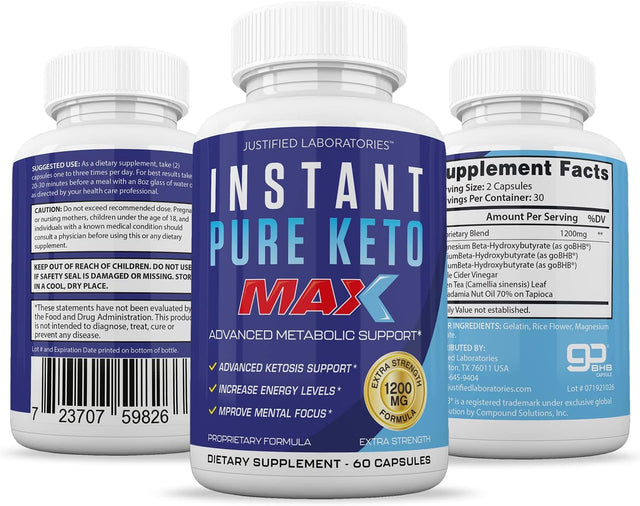 Instant Pure Keto Pills Max 1200MG Keto Pills Advanced BHB Ketogenic Supplement Exogenous Ketones Ketosis for Men Women 60 Capsules 1 Bottle