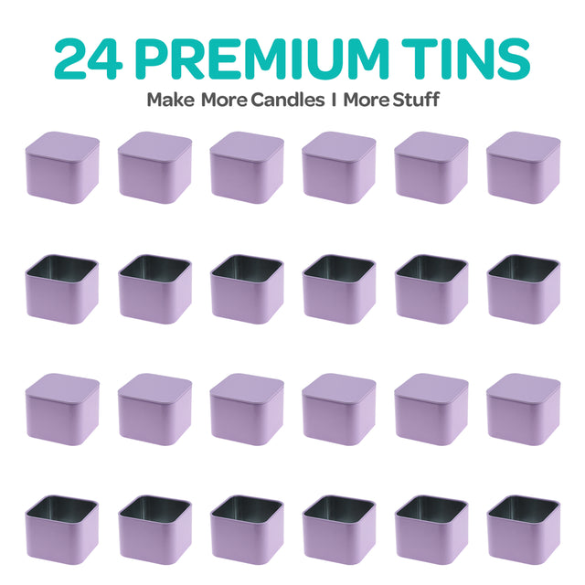 Hearts & Crafts Square 24 Tin Candle Tins with Lids for Candle Making - 8Oz - Lavender