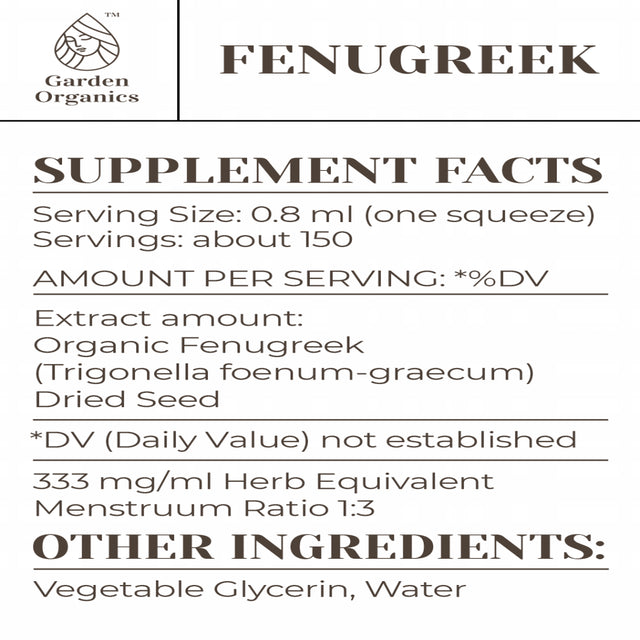 Garden Organics Fenugreek Tincture Alcohol-Free Extract, Organic Fenugreek (Trigonella Foenum-Graecum) Dried Seed 4 Fl Oz
