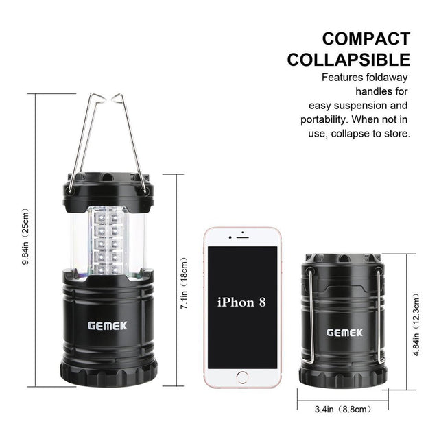 GEMEK 2 Pack LED Camping Lantern, Outdoor Portable Lantern, 6 AA Batteries Included (Black)