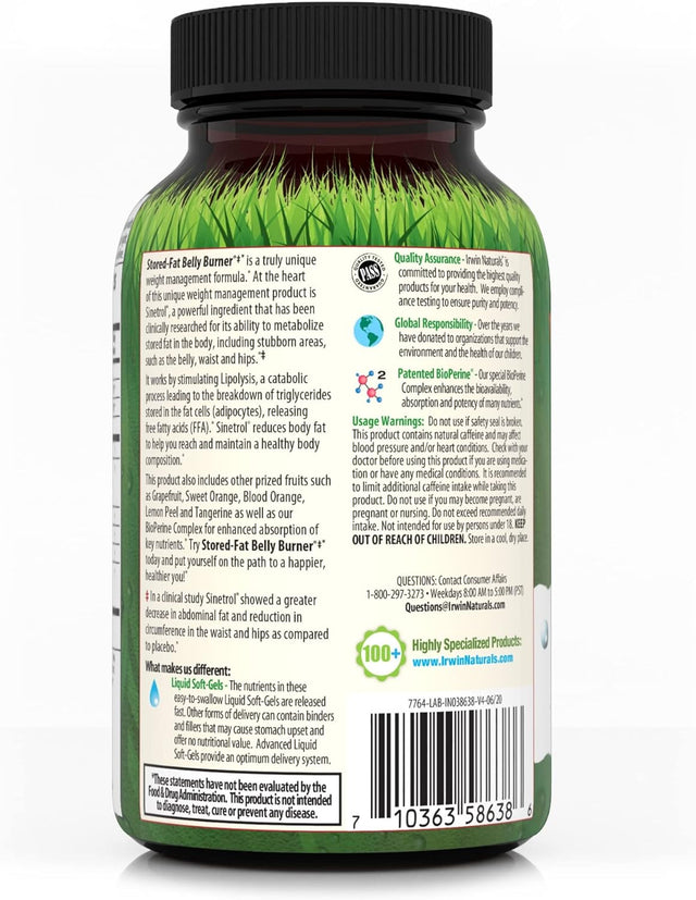 Irwin Naturals Stored-Fat Belly Burner with Sinetrol, Grapefruit, Sweet Orange & Blood Orange - Breakdown Stubborn Fat - 60 Liquid Softgels (Pack of 2)