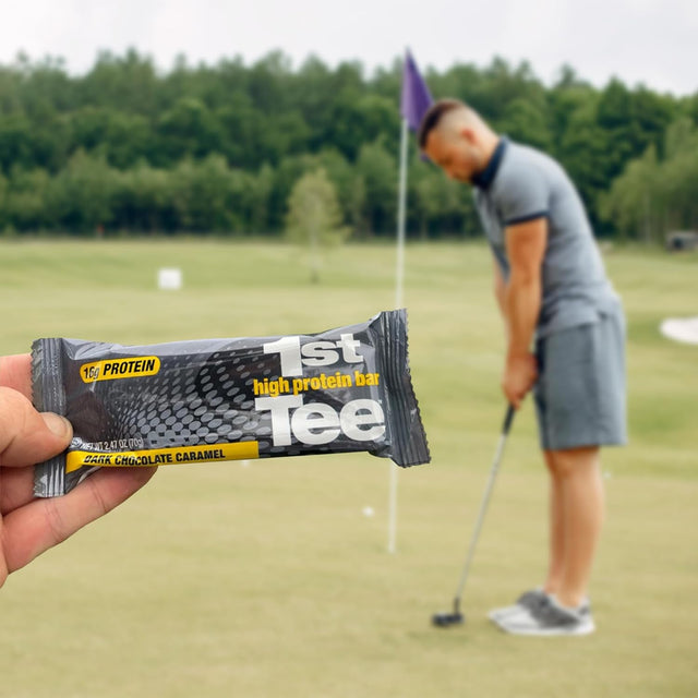 1St Tee High Protein Bar 12 Pack Golf Protein Energy Bars | High Protein and Delicious Dark Chocolate Caramel Flavor | Gluten Free Snack Bar| Including 16 Grams of Protein and 3 Grams of Sugar