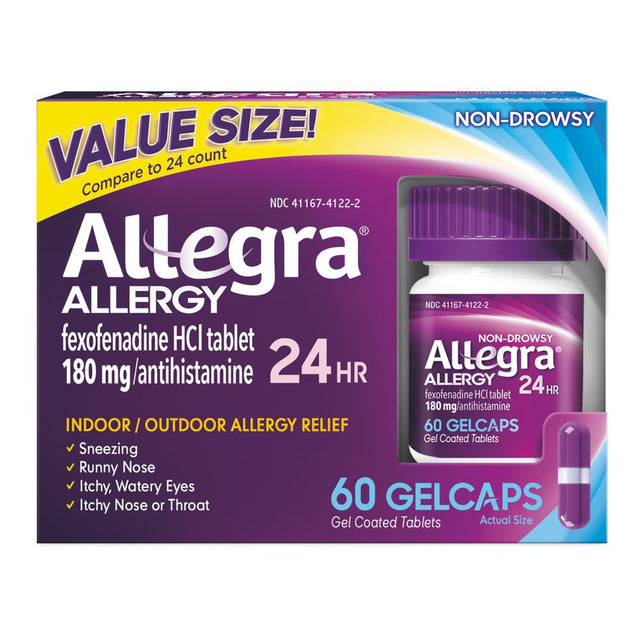 Allegra Adult 24 Hour Non-Drowsy Antihistamine Allergy Relief Medicine 180Mg Gelcaps 60Ct