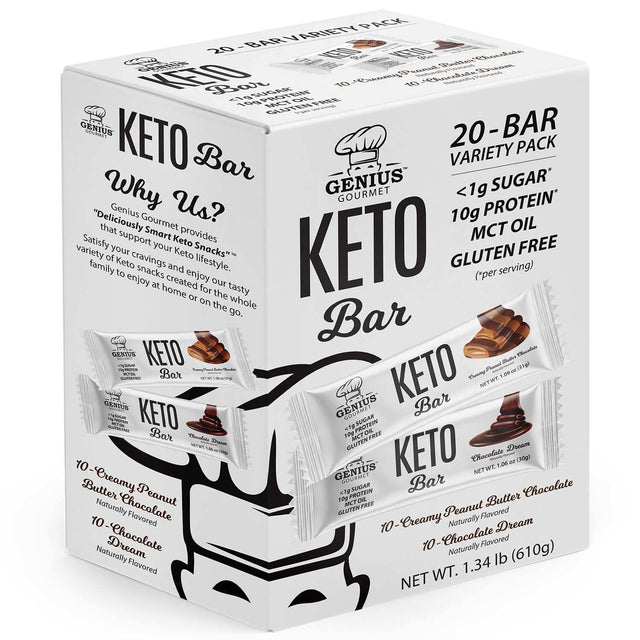 Genius Gourmet Gluten Free Keto Protein Bar, Chocolate Keto Bars, Premium Mcts, Low Carb, Low Sugar (Variety Pack, 20 Count (Pack of 1))