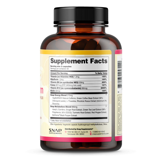 Snap Supplements Energy & Metabolism Booster - Adaptogenic Herbs Ginger Turmeric - 60 Capsules