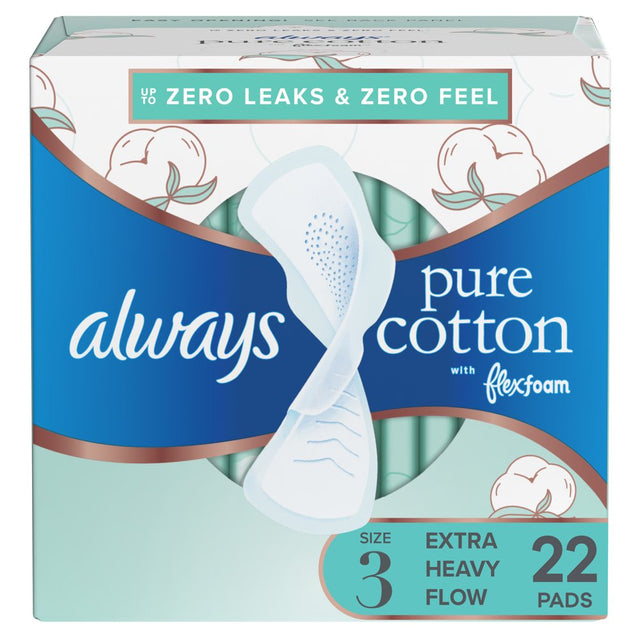 Always Pure Cotton Feminine Pads with Wings, Size 3, Extra Heavy Absorbency, 22 CT
