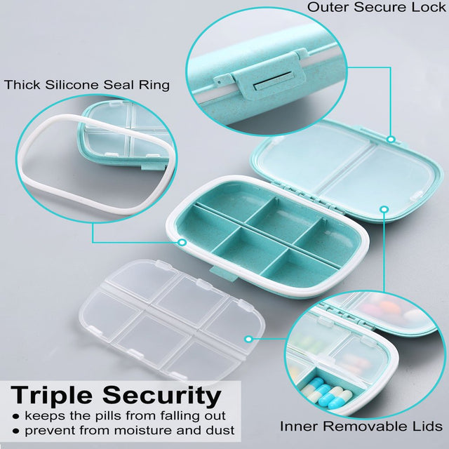 3 Pack 8 Compartments Travel Pill Organizer Moisture Proof Small Pill Box for Pocket Purse Daily Pill Case Portable Medicine Vitamin Holder Container (Blue+Green+Khaki)