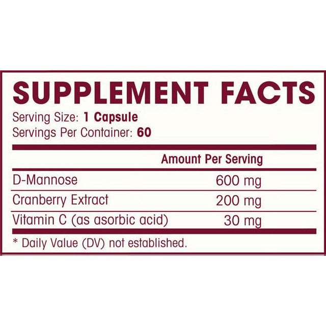 D Mannose with Cranberry Extract and Vitamin C | Urinary Tract Health - UTI Protection - Flush Impurities - Immune System | Non GMO | 60 Veg Capsules