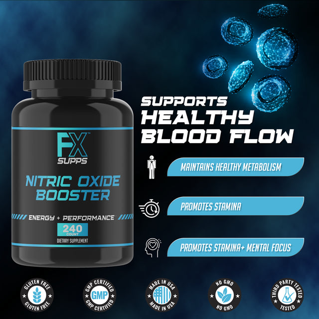 FX Supps Nitric Oxide Booster 240Ct Capsules - 1380 Mg L-Arginine, L-Citrulline, and Beta-Alanine for Vascularity & Energy
