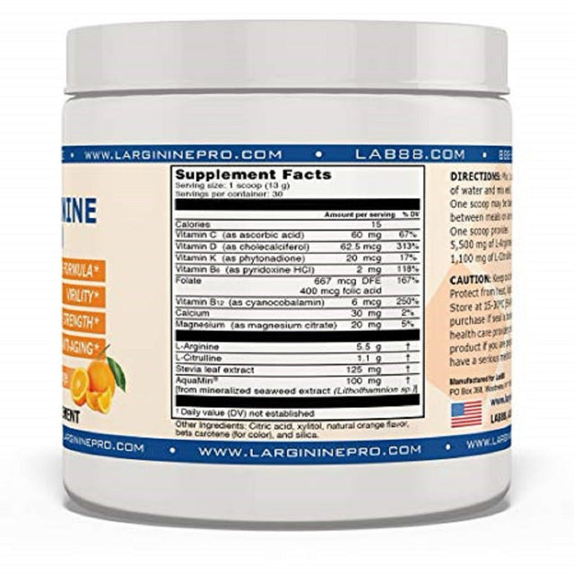 L-ARGININE PRO Powder Jars - 5500Mg L-Arginine, 1100Mg L-Citrulline Cardio Health (Citrus Orange, 1 Jar)