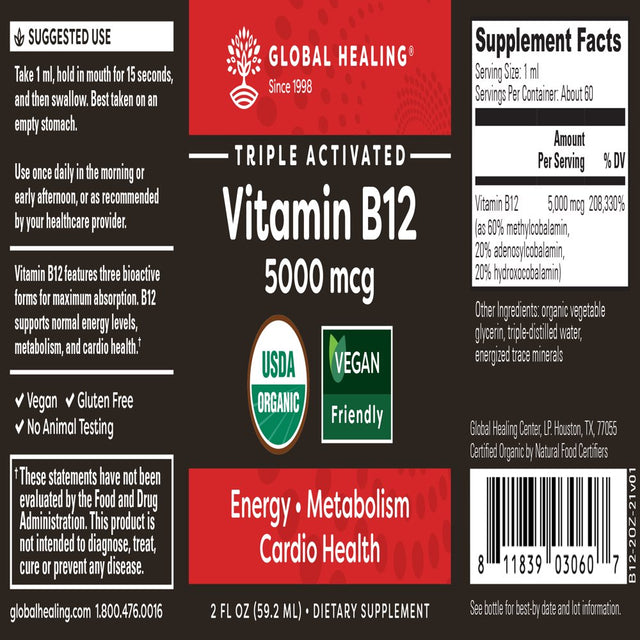 Global Healing USDA Organic Vitamin B12 5000Mcg Liquid Supplement - 2 Fl Oz