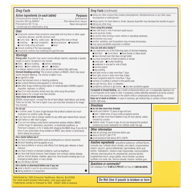 Advil Allergy and Congestion Relief Pain and Headache Reliever Ibuprofen, Coated Tablets, 50 Count