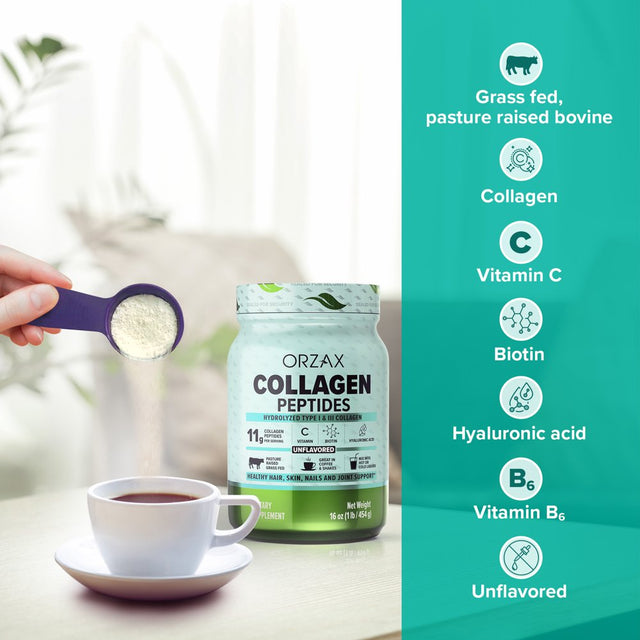 ORZAX Collagen Peptides Powder Unflavored - Hair, Skin and Nails Vitamins - Bone & Joint Support Supplement - Collagen Drink Mix - Collagen Powder for Women & Man (16Oz)