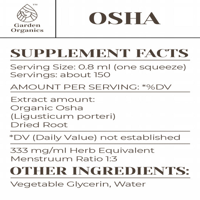 Garden Organics Osha Tincture Alcohol-Free Extract, Organic Osha (Ligusticum Porteri) Dried Root 4 Oz