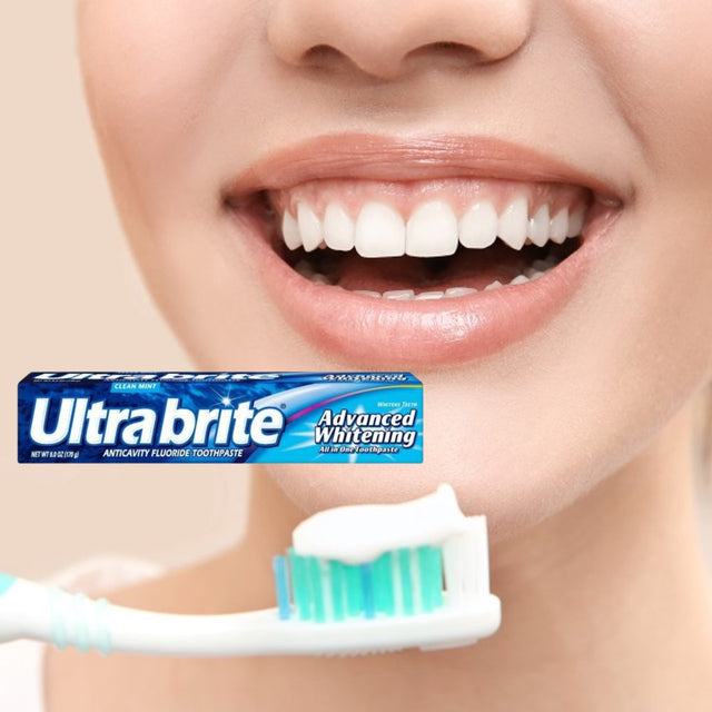 JSC Ultra Brite Advanced Whitening Toothpaste Clean - Mint Flavor 6.0 Ounces Remove Stains Whitens Teeth Fights Cavities Freshens Breath Great Healthy and Radiant Gums Pack of 3