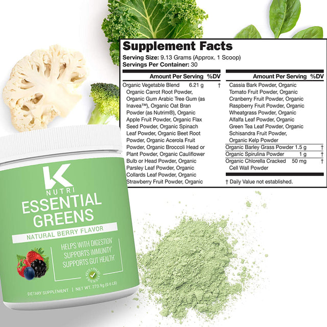 K Nutri Supergreens [30 Servings] Organic Superfood Powder - Fruit & Vegetable Blend Helps Detox, Immunity, Digestion, Energy, Gut Health - Naturally Flavored & Sweetened - Greens Supplements