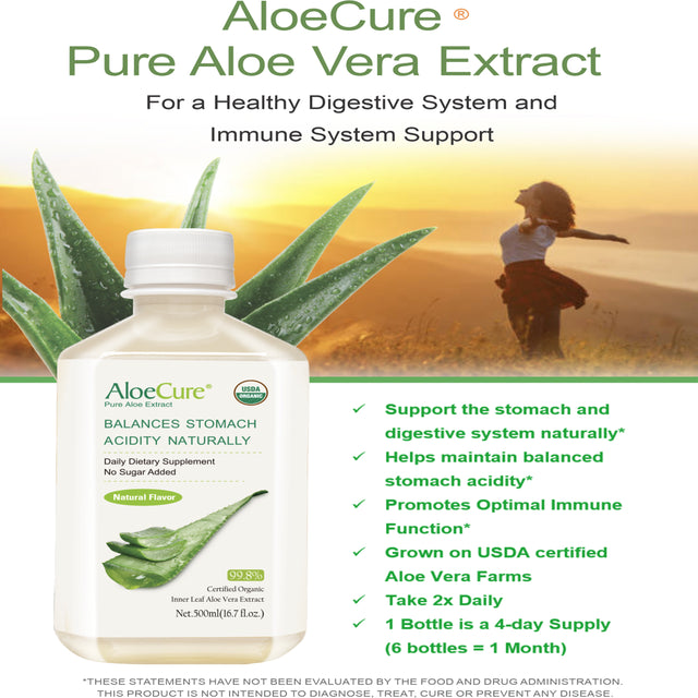 Aloecure Pure Aloe Vera Juice USDA Certified Organic, Natural Flavor Acid Buffer, 2X500Ml Bottle, Processed within 12 Hours of Harvest to Maximize Nutrients, No Charcoal Filtering-Inner Leaf