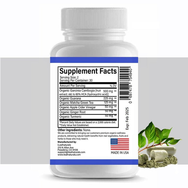 Ileafnaturals Garcinia Cambogia with Matcha Green Tea & ACV - 60 Veggie Capsules