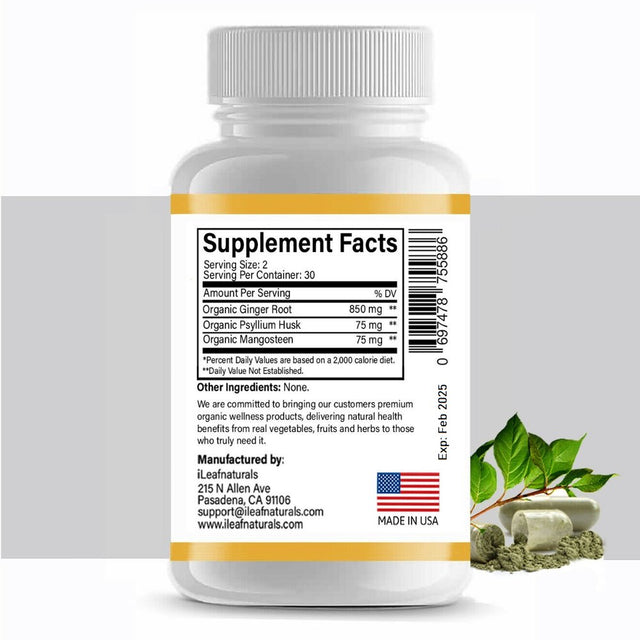 Ileaf Naturals Ginger Root with Mangosteen & Psyllium Husk - 60 Veggie Capsules