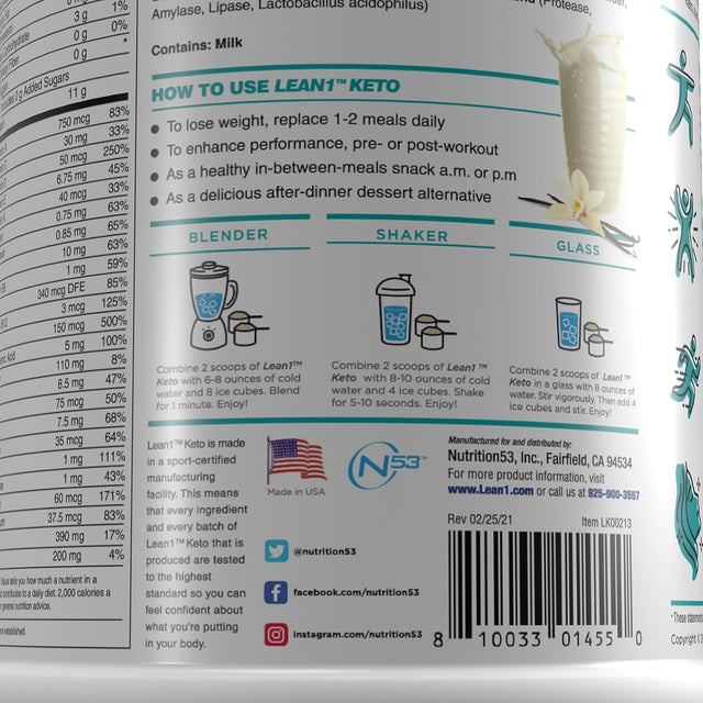 Lean1 KETO, Vanilla Flavor, 15 Serving Tub, Ketogenic Fat Burning Meal Replacement by Nutrition 53