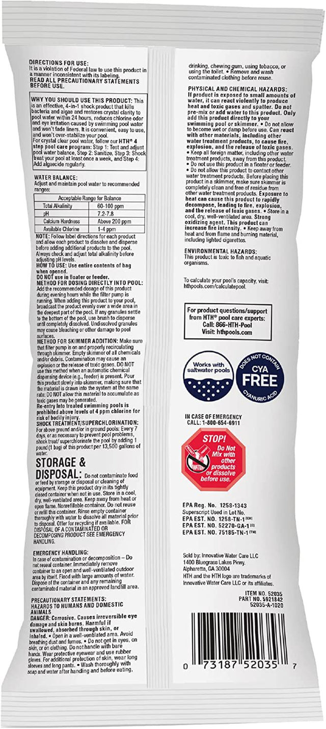 HTH Pool Care Shock Advanced, Swimming Pool Chemical Prevents Bacteria & Algae, Cal Hypo Formula, 1 Lb