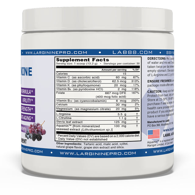 L-Arginine Pro Powder - 5500Mg L-Arginine, 1100Mg L-Citrulline Cardio Health (Grapeberry (2) Jars/ Raspberry (2) Jars)