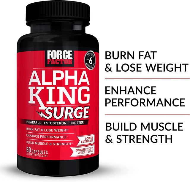 FORCE FACTOR Alpha King Surge Testosterone Booster for Men, Testosterone Supplement to Help You Build Muscle and Strength, Burn Fat, Lose Weight, Lower Estrogen, and Enhance Performance, 60 Capsules