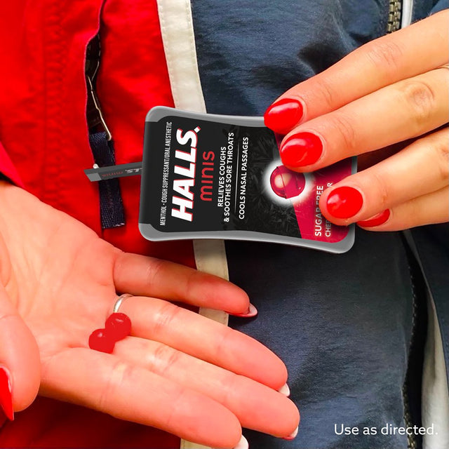 HALLS Minis Cherry Flavor Sugar Free Cough Drops, 24 Drops
