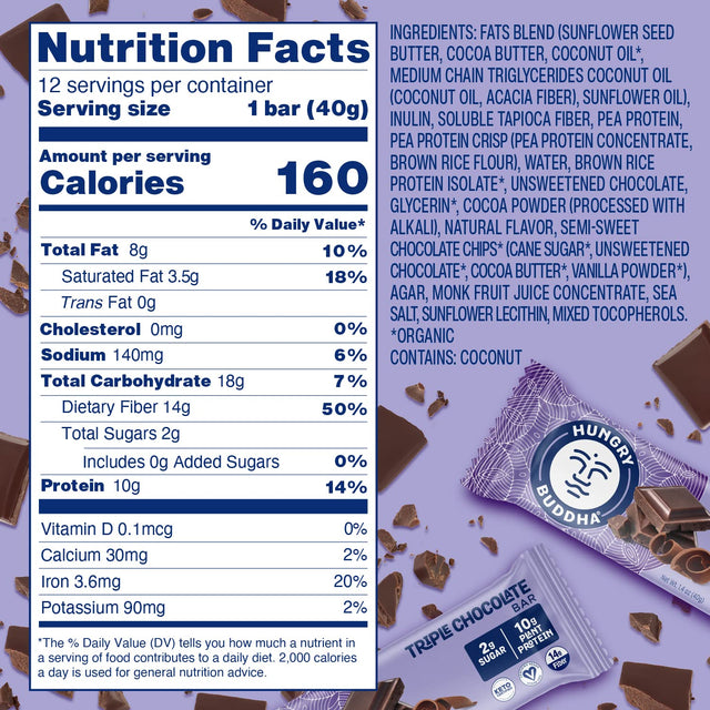HUNGRY BUDDHA Bars - Plant Based Protein Bars - Vegan Nutrition Bars - Low Sugar Healthy Snacks - Gluten Free Snack Bars - Peanut Free - Protein Bar - Keto Bar - 12 Count [Triple Chocolate]