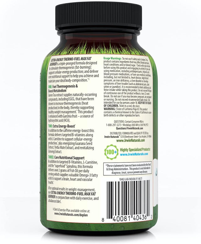 Irwin Naturals Extra-Energy Thermo-Fuel Max Fat Burner - 100 Liquid Soft-Gels - Fuel Thermogenesis & Boost Energy Production - with Green Tea, L-Carnitine & Garcinia - 33 Servings