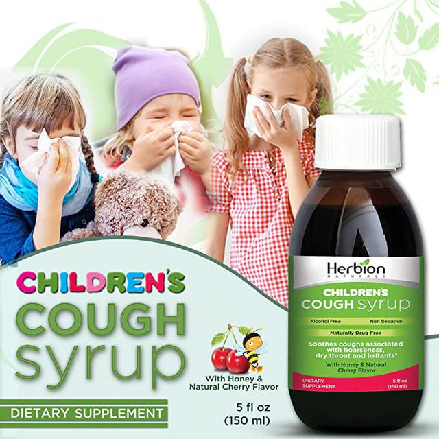 Herbion Naturals Cough Syrup for Children - 5 FL Oz - Good Tasting Supplement with Natural Honey & Cherry Flavor, Helps Relieve Cough, Promotes Healthy Lung Function - for Kids 13 Months and Above.