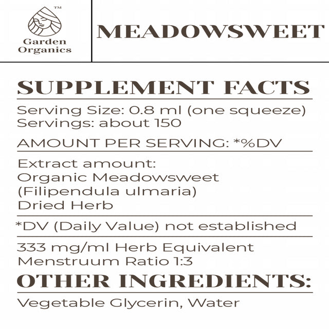 Garden Organics Meadowsweet Tincture Alcohol-Free Extract, Organic Meadowsweet (Filipendula Ulmaria) Dried Herb 4 Fl Oz