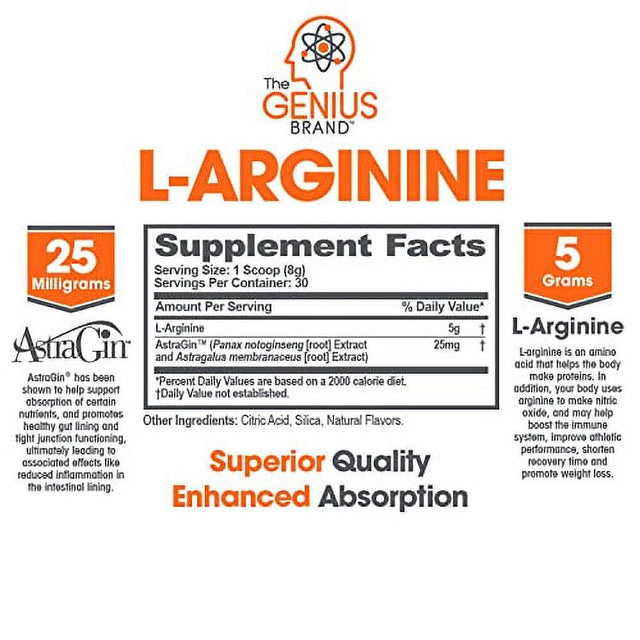 Genius L Arginine Powder - Fermented L-Arginine Nitric Oxide Supplement, Natural Muscle Builder & NO Booster for Healthy Blood Pressure, Protein Synthesis and Strength Building, Lemon, 30 Sv