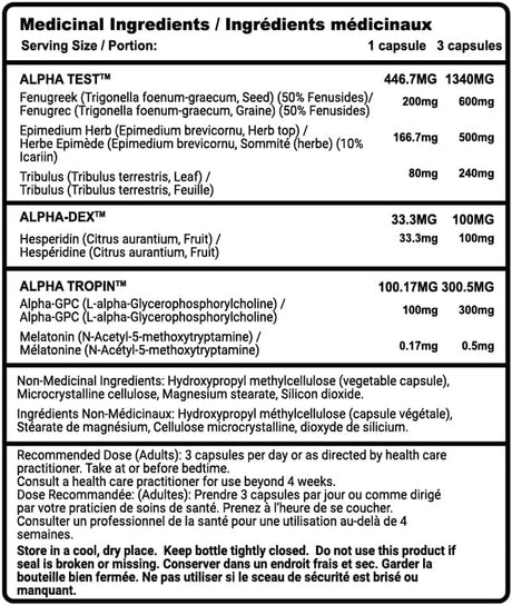 Alpha, Men'S 3-In-1 Formula, Fenugreek, Tribulus, Alpha-Gpc, Horny Goat Weed, 90 Caps