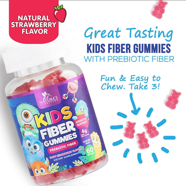 Kids Fiber Gummy Bears Supplement - Daily Prebiotic Fiber for Kids, Supports Regularity, Digestive Health & Immune Support, Nature'S Plant Based Chicory Root Vitamins, Vegan, Berry Flavor, 60 Gummies