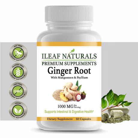 Ileaf Naturals Ginger Root with Mangosteen & Psyllium Husk - 60 Veggie Capsules