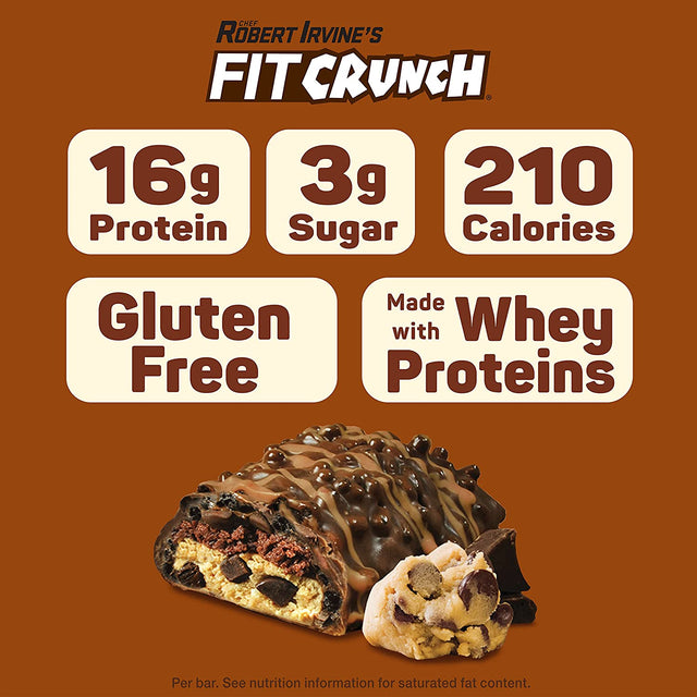 FITCRUNCH Snack Size Protein Bars, Designed by Robert Irvine, 6-Layer Baked Bar, 3G of Sugar, Gluten Free & Soft Cake Core (9 Bars, Chocolate Chip Cookie Dough)