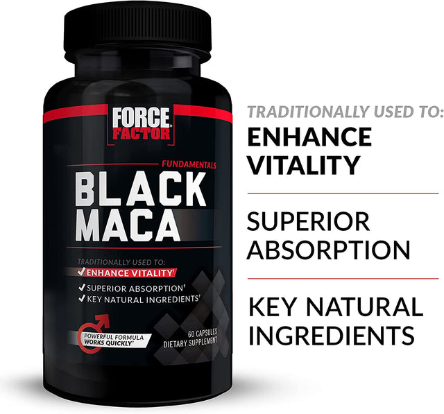 Force Factor Black Maca Root Vitality Supplement for Men with Superior Absorption and Power, Natural Maca Negra Extract, Fundamentals Series, 1000Mg, 60 Capsules