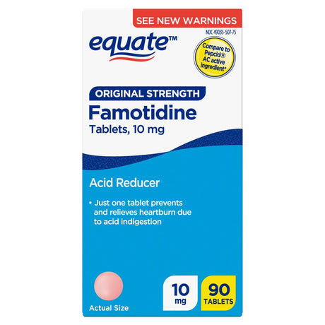 Equate Original Strength Famotidine Tablets, 10 Mg, Acid Reducer for Heartburn Relief, 90 Count