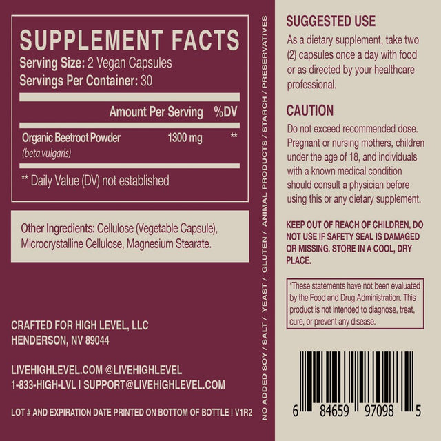 High Level Organic Beetroot | 1300Mg | 60 Veggie Capsules | Nitric Oxide Booster for Cardiovascular Health, Wellness + Vitality | Vegan Supplement for Energy + Endurance