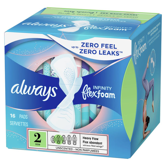 Always Infinity Feminine Pads with Wings, Size 2, Heavy Absorbency, Unscented, 16 Ct